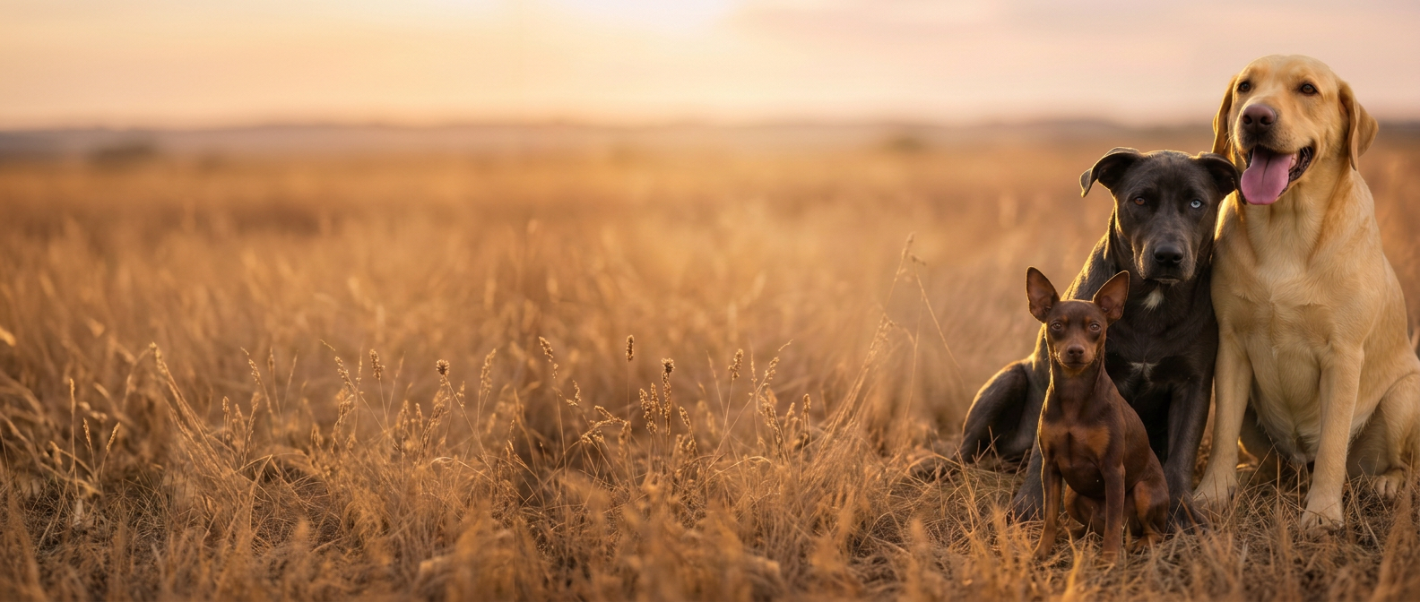 Cão adulto sentado em campo dourado ao pôr do sol